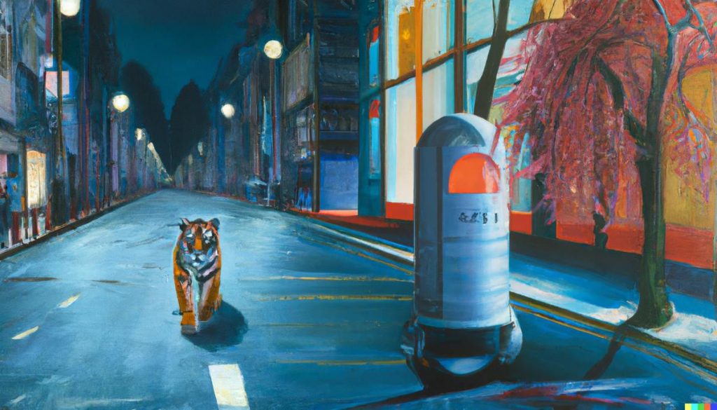 Tiger walking through Shibuya 02 - AI Tiger Magazine illustration