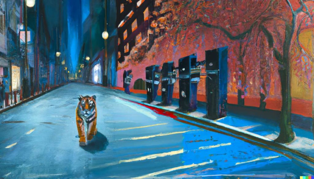Tiger walking through Shibuya 04 - AI Tiger Magazine illustration
