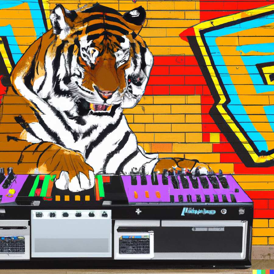 Ein Tiger bedient einen Drumcomputer graffiti, AI Tiger Magazine Illustration
